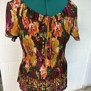 dressbarn Floral Pleated Button-Front Top in Mustard, Burgundy Olive women’s 1X